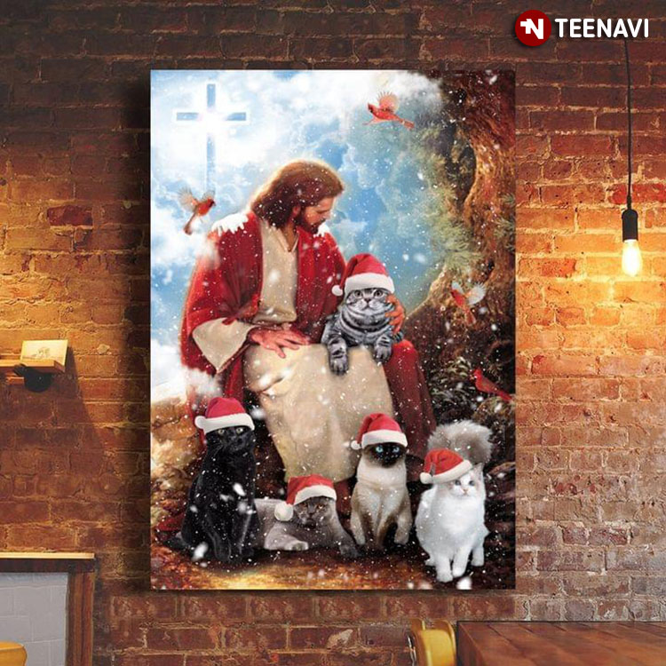 Jesus Christ With Cats Wearing Santa Hats And Cardinals Flying Around