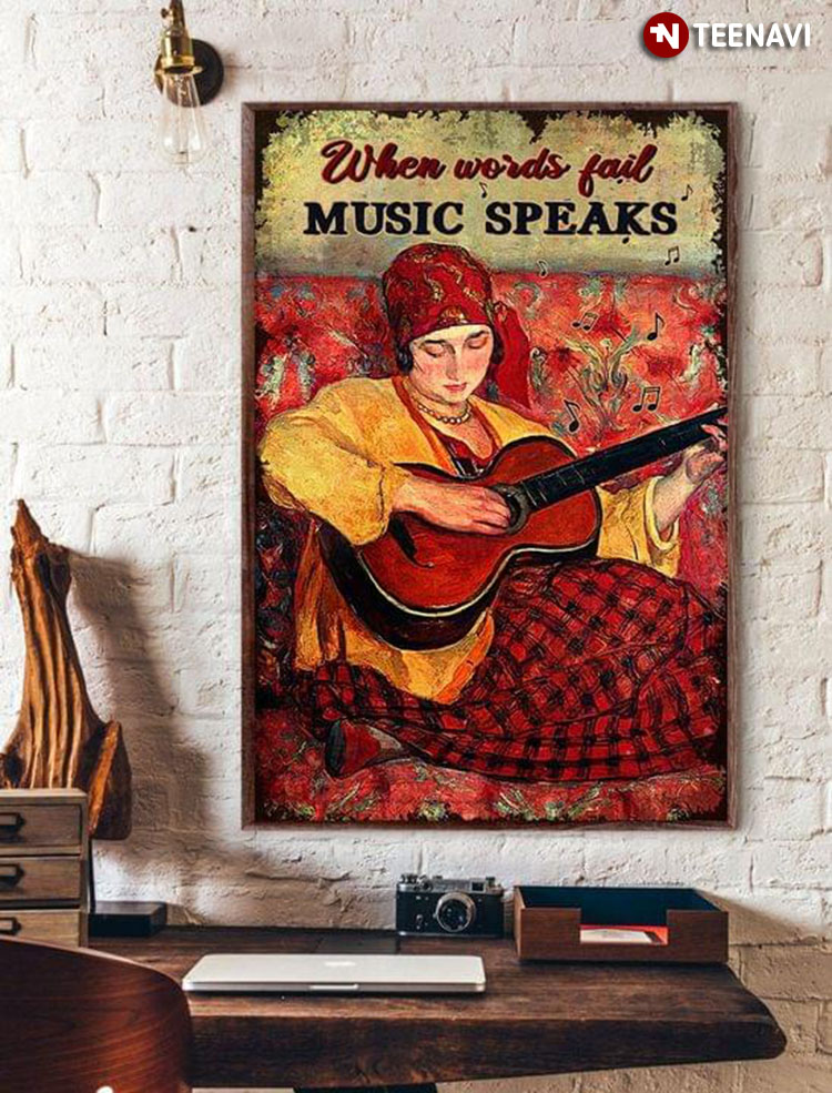 Vintage Woman With Red Cheeks Playing Guitar When Words Fail Music Speaks