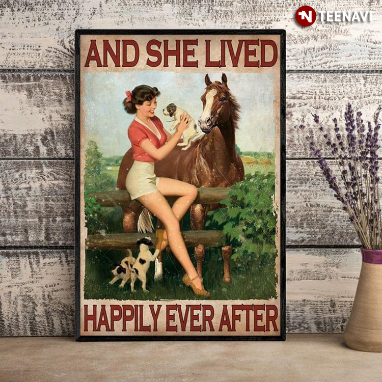 Vintage Smiling Girl With Her Puppies And Horse And She Lived Happily Ever After