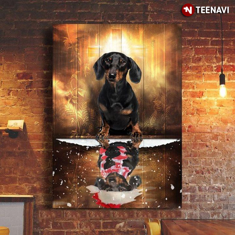 Vintage Dachshund W⁬ith Dachshund Wearing Santa Hat & Scarf Water Reflection And Jesus Cross With Light From Heaven Behind