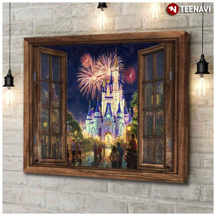 Vintage Wooden Window Frame With People Watching Disney World Fireworks