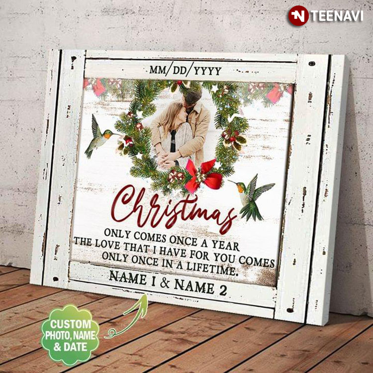 Personalized Photo, Name & Date Wreath & Hummingbirds Christmas Only Comes Once A Year The Love That I Have For You Comes Only Once In A Lifetime