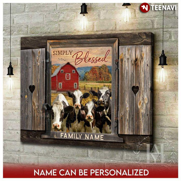 Personalized Family Name Barn Window Frame With Black & White Cows On Farm