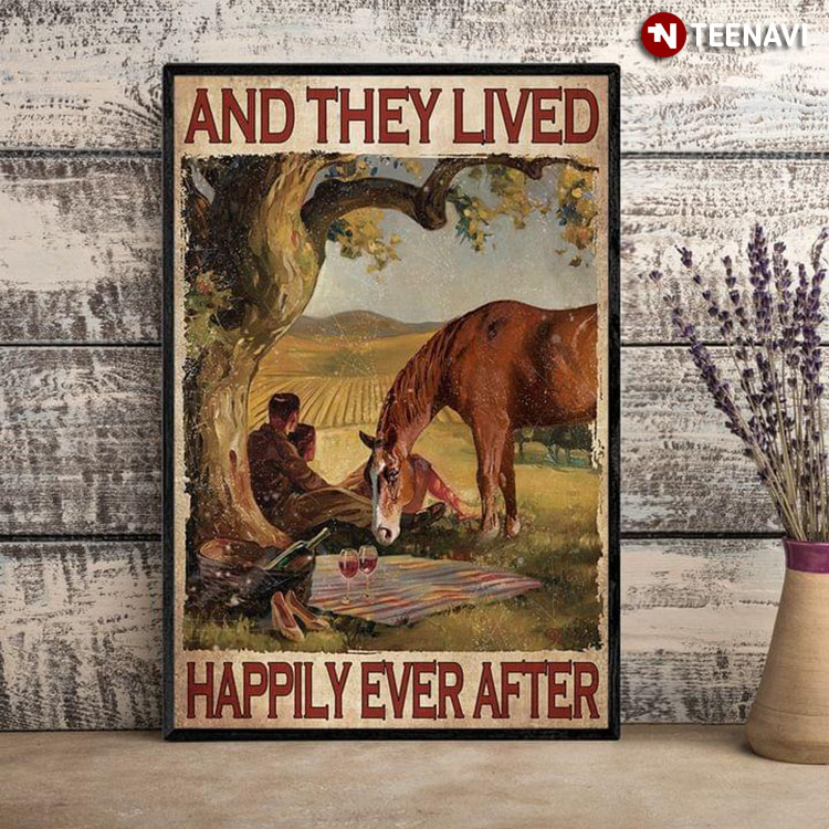 Vintage Cowboy & Cowgirl With Red Wine Glasses Relaxing On Field And They Lived Happily Ever After