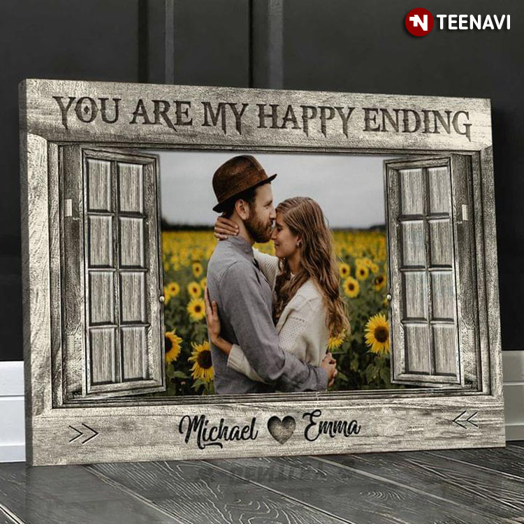 Personalized Name Window Frame With Happy Couple In Suflower Field