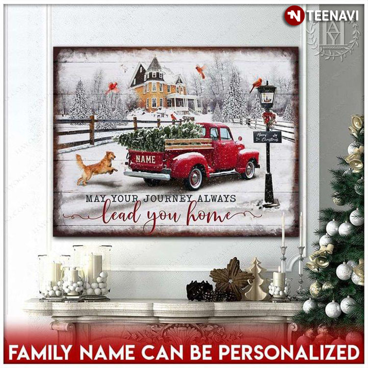 Personalized Family Name Cardinals Flying Around Red Truck Carrying Pine Tree & Golden Retriever Dog May Your Journey Always Lead You Home