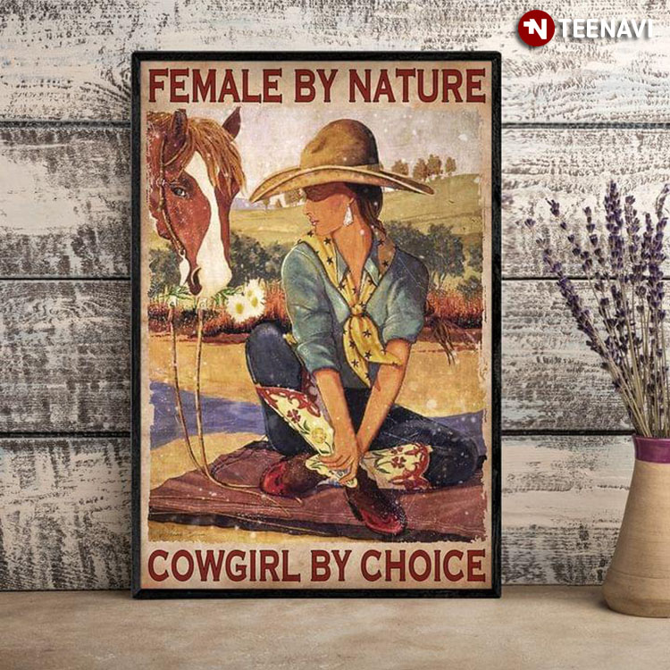 Vintage Cowgirl And Brown Horse With Daisy Flowers In Mouth Female By Nature Cowgirl By Choice