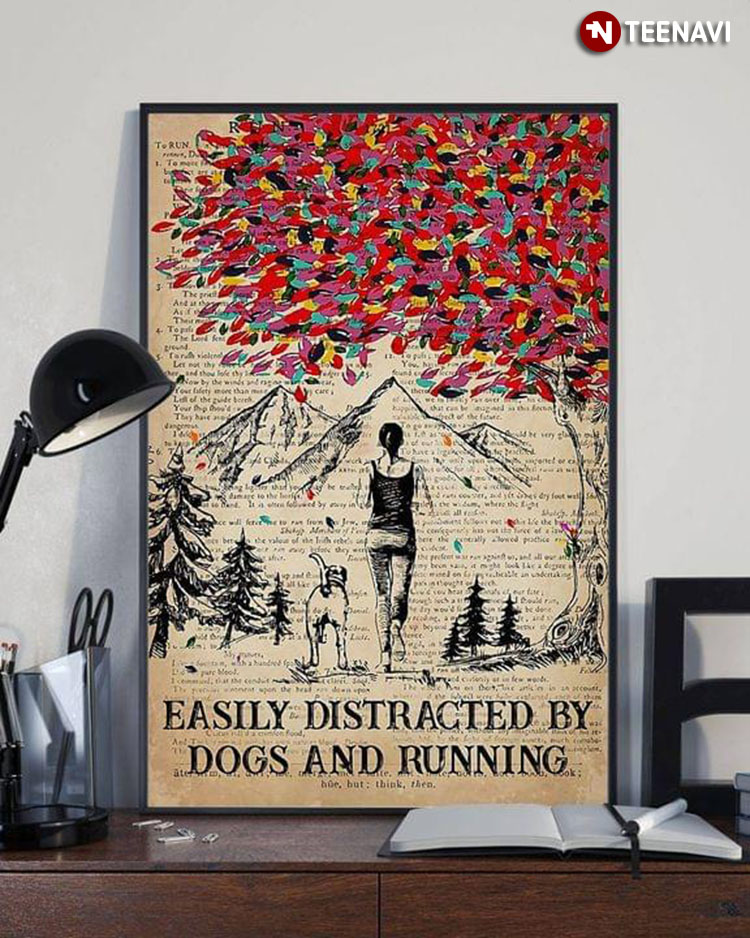 Vintage Dictionary Theme Girl & Dog Running Under Colorful Tree Easily Distracted By Dogs And Running