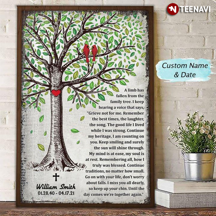Personalized Name & Date Red Cardinals & Heart Shape On Tree Trunk A Limb Has Fallen From The Family Tree