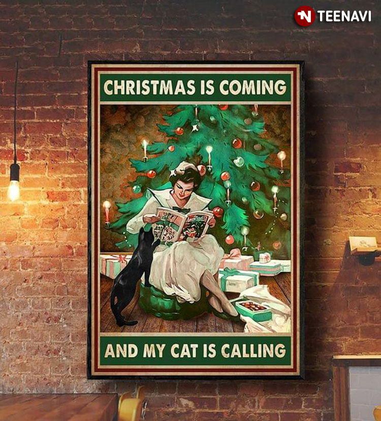 Vintage Girl & Black Cat Sitting Under Christmas Tree Christmas Is Coming And My Cat Is Calling