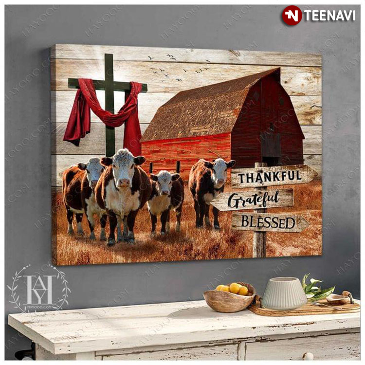 Brown & White Cows With Jesus Cross Draped With Red Cloth On Farm Thankful Grateful Blessed