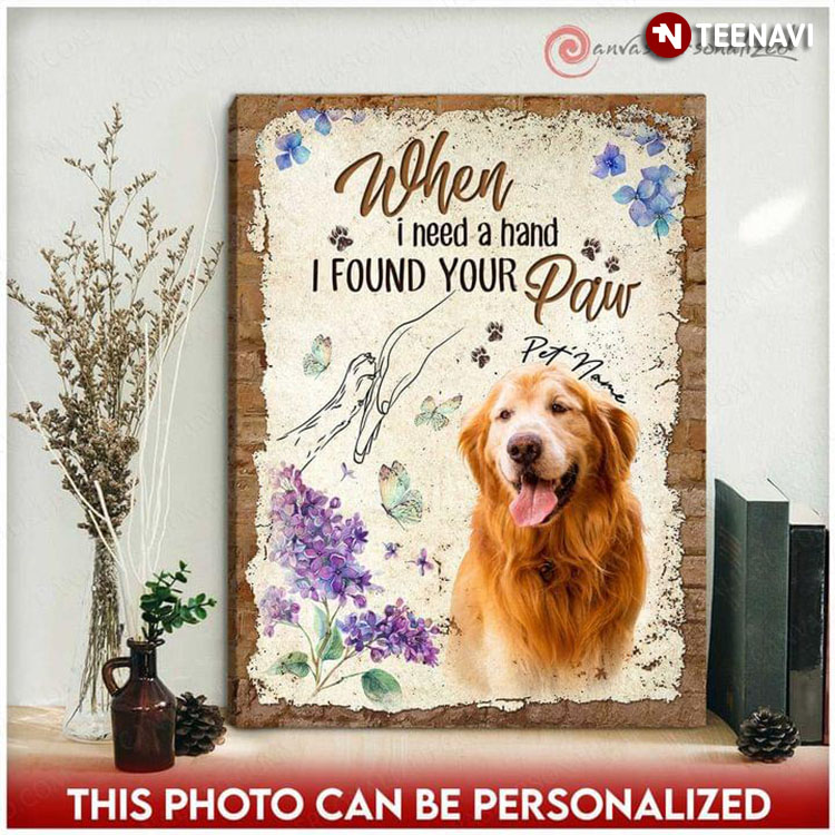 Personalized Pet's Name & Photo Butterflies Flying Around Golden Retriever & Flowers When I Need A Hand I Found Your Paw