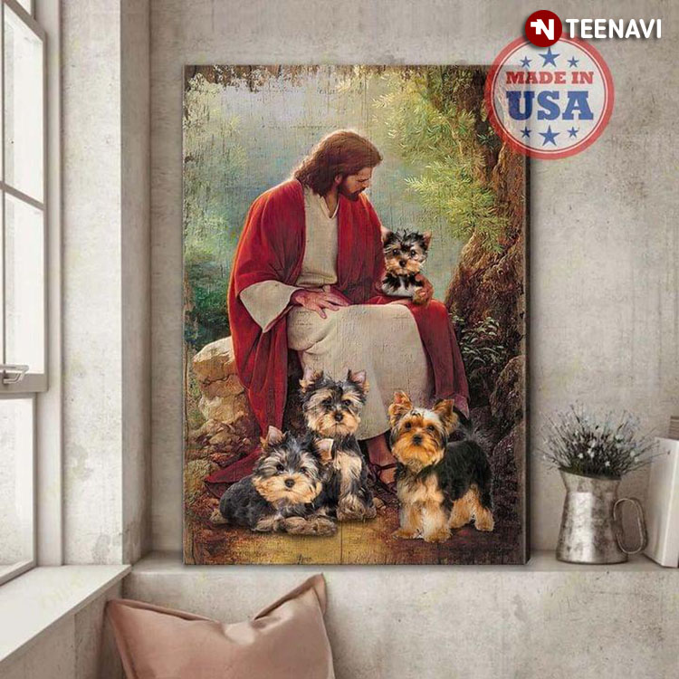 Vintage Jesus Christ And Yorkshire Terrier Dogs Around