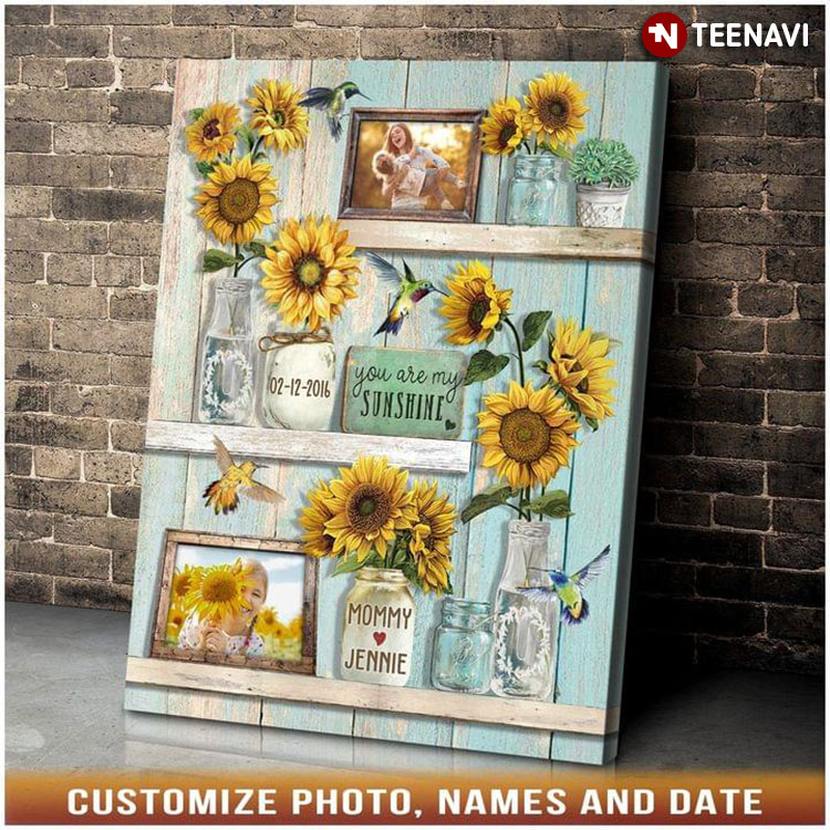 Personalized Photo, Name & Date Mom And Daughter Hummingbirds Flying Around Sunflowers You Are My Sunshine
