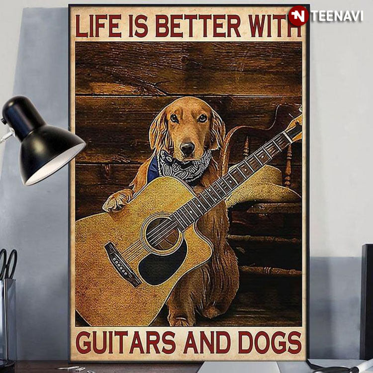 Vintage Golden Retriever Dog With Guitar Life Is Better With Guitars And Dogs