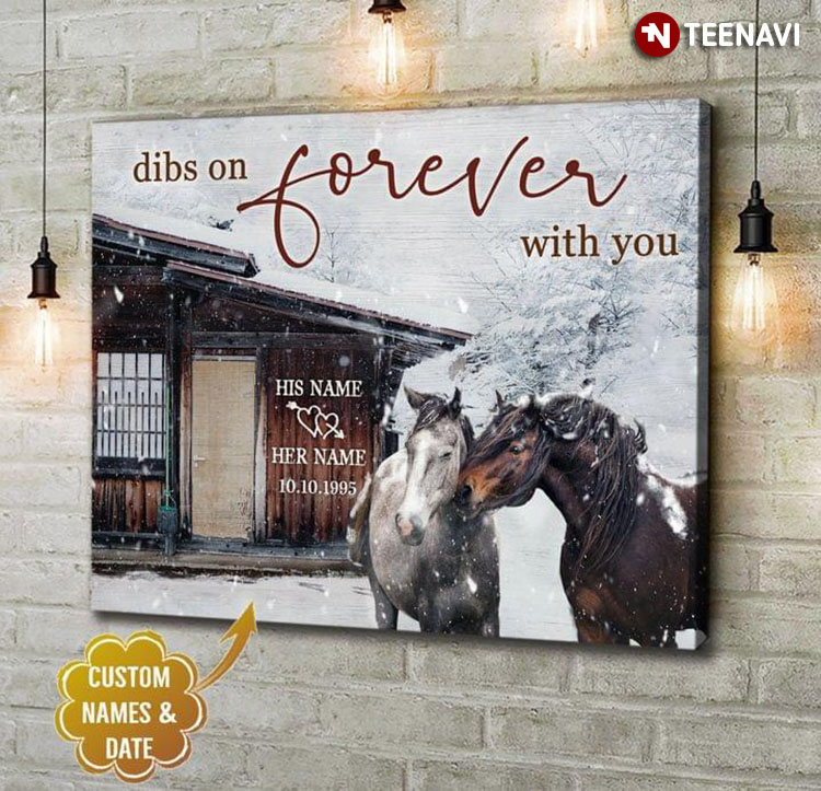 Personalized Name & Date Couple Of Horses Cuddling In Snow Dibs On Forever With You