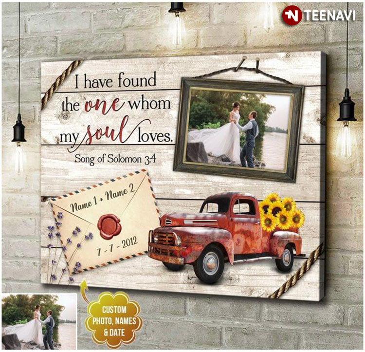 Personalized Name, Photo & Date Old Red Truck Carrying Sunflowers I Have Found The One Whom My Soul Loves Song Of Solomon 3:4