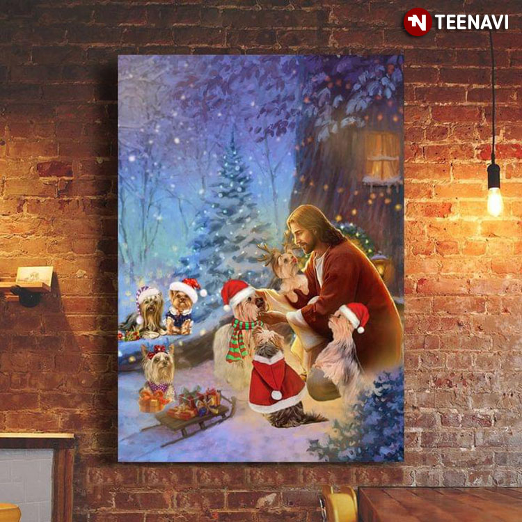 Jesus Christ And Yorkshire Terrier Dogs At Christmas Night Painting