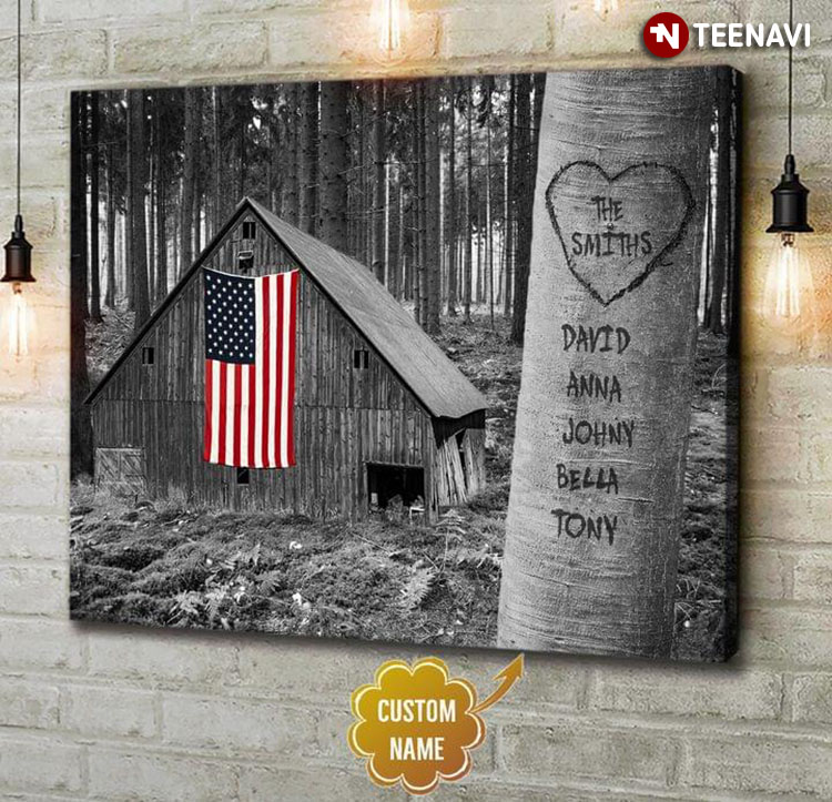 Personalized Family Name Carved Into Tree Trunk Farmhouse With American Flag