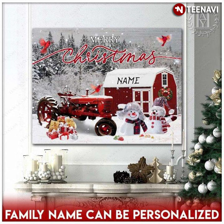Personalized Family Name Cardinals Flying Around Red Tractor, Snowmen, Gifts & Home In Snow Merry Christmas