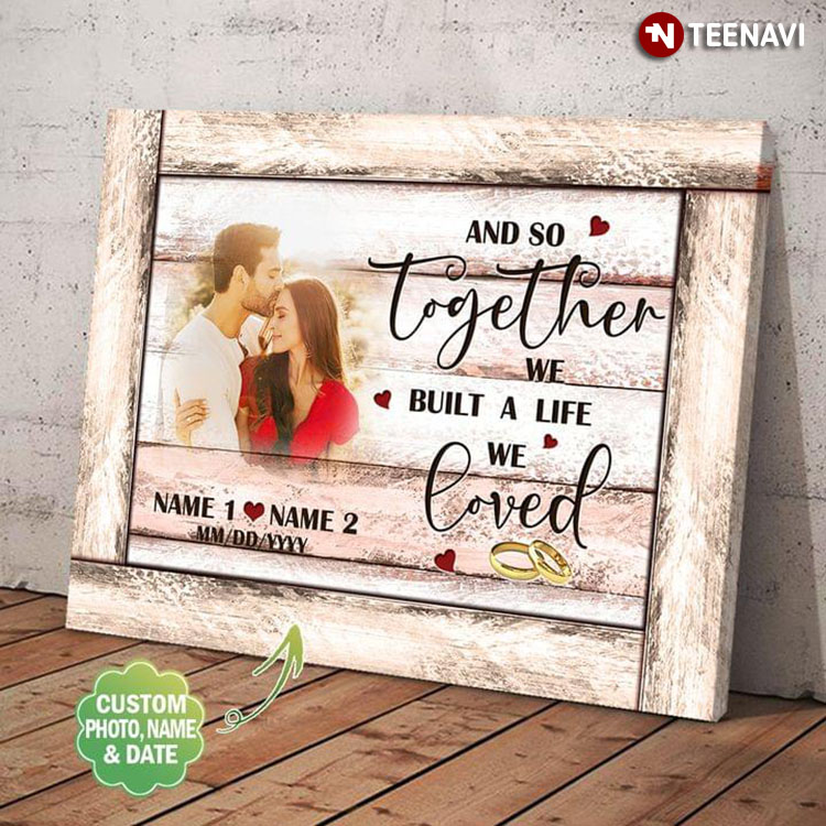 Personalized Photo, Name & Date Wooden Theme Happy Couple And Wedding Rings And So Together We Built A Life We Loved