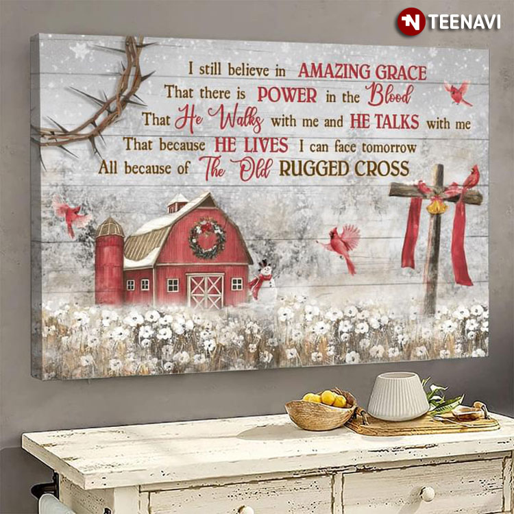 Vintage Cardinal Flying Around Farmhouse & Jesus Cross Draped With Red Cloth At Christmas Time I Still Believe In Amazing Grace