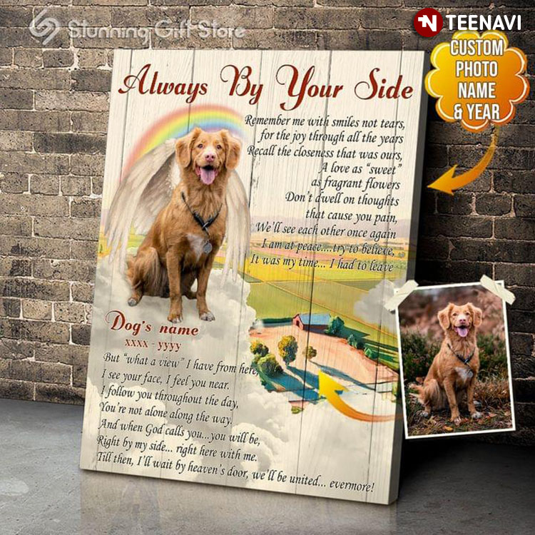 Personalized Pet Photo, Name & Year Golden Retriever With Angel Wings Always By Your Side Remember Me With Smiles Not Tears