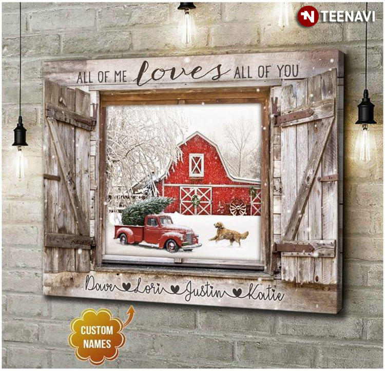 Personalized Family Name Barn Window Frame With Red Truck Carrying Pine Tree & Dog Running All Of Me Loves All Of You