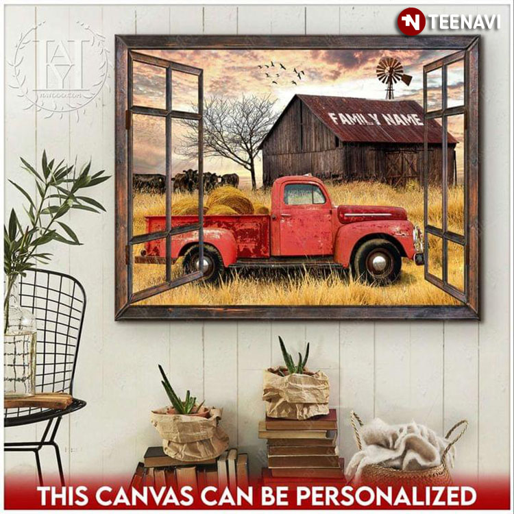 Personalized Family Name Window Frame With View Of Farmhouse & Red Truck Carrying Hay Bales