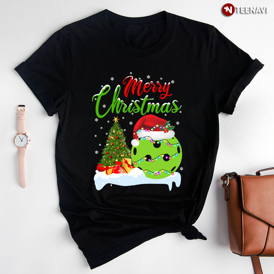 Merry Christmas Pickleball Ball With Santa Hat And Fairy Lights for Pickleball Lover T-Shirt