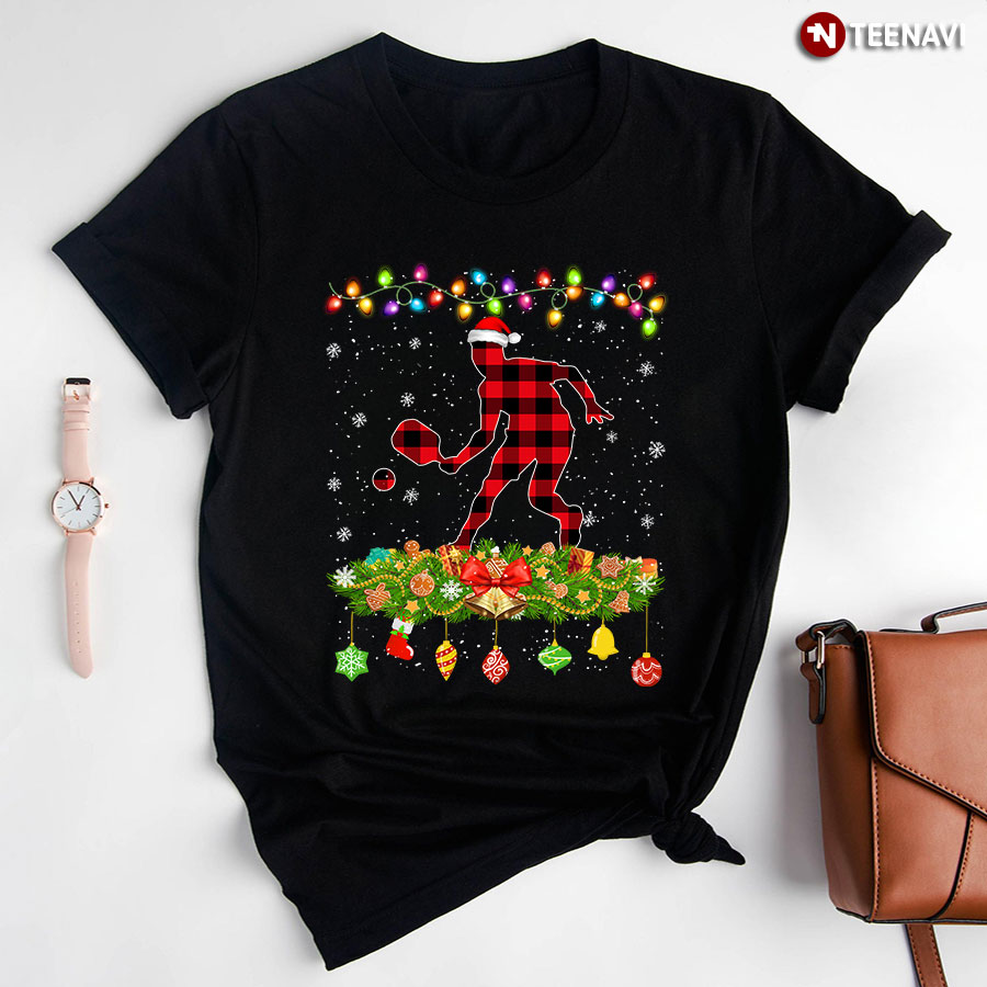 Funny Red Plaid Pickleball Player Paddle Merry Christmas T-Shirt