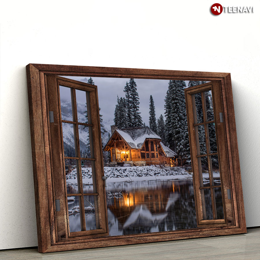 Vintage Wooden Window Frame With Lake View And House Covered In Snow Poster