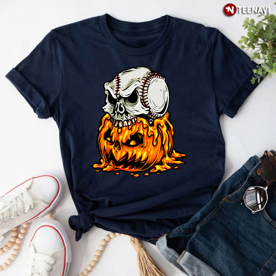 Baseball Player Halloween Pumpkin Skeleton Skull T-Shirt