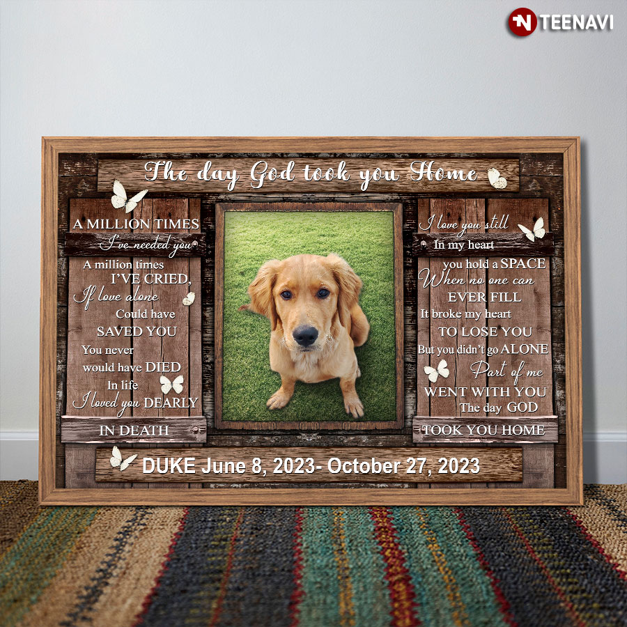 Personalized Name Year & Photo Barn Window Frame White Butterflies Flying Around Golden Retriever Dog The Day God Took You Home Poster