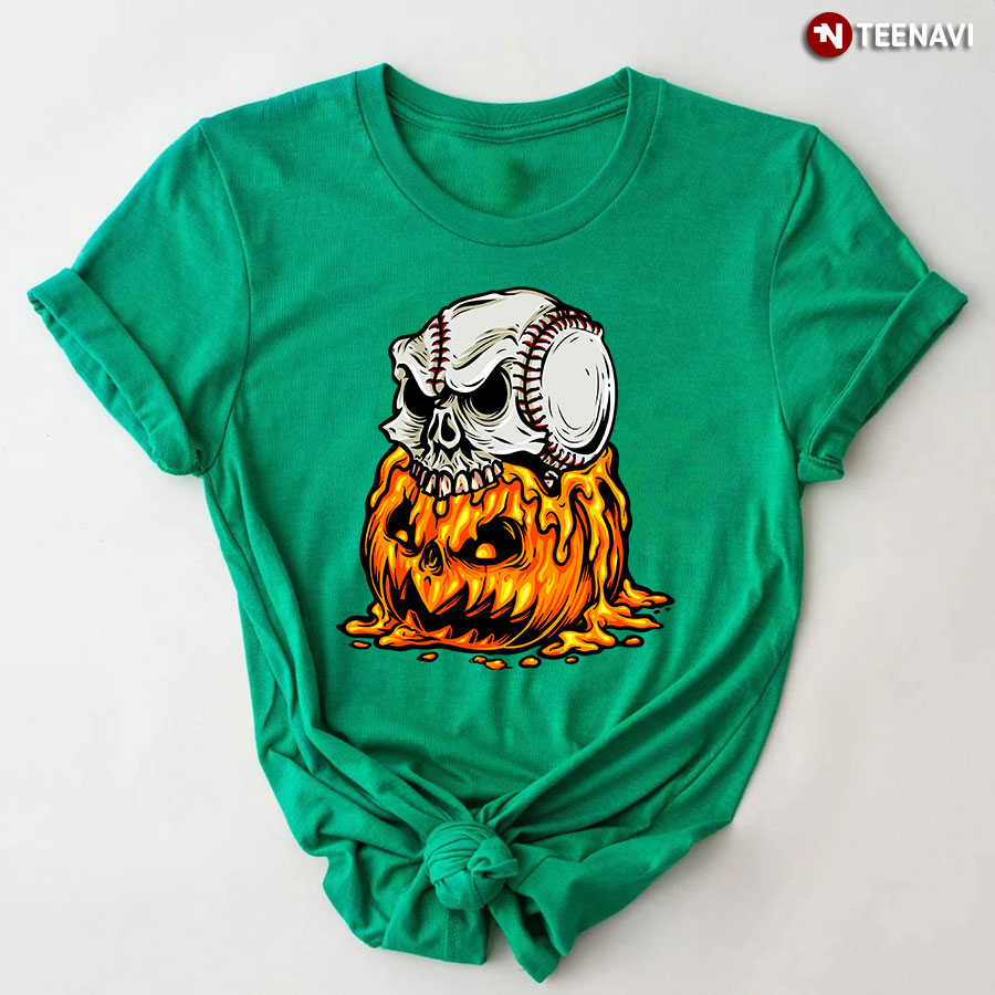 Baseball Player Halloween Pumpkin Skeleton Skull T-Shirt