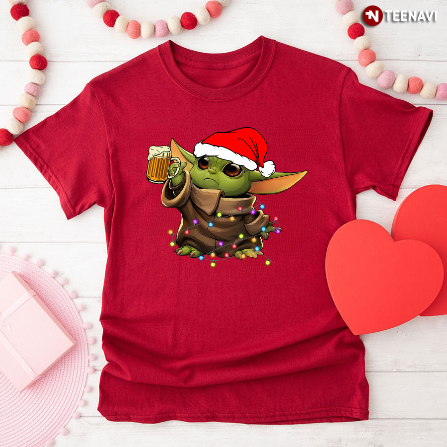 Baby Yoda With Santa Hat Drinking Beer for Christmas T-Shirt