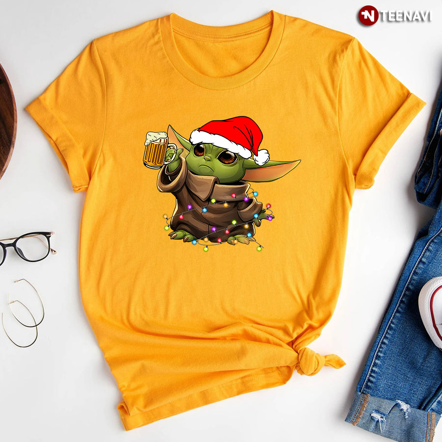 Baby Yoda With Santa Hat Drinking Beer for Christmas T-Shirt