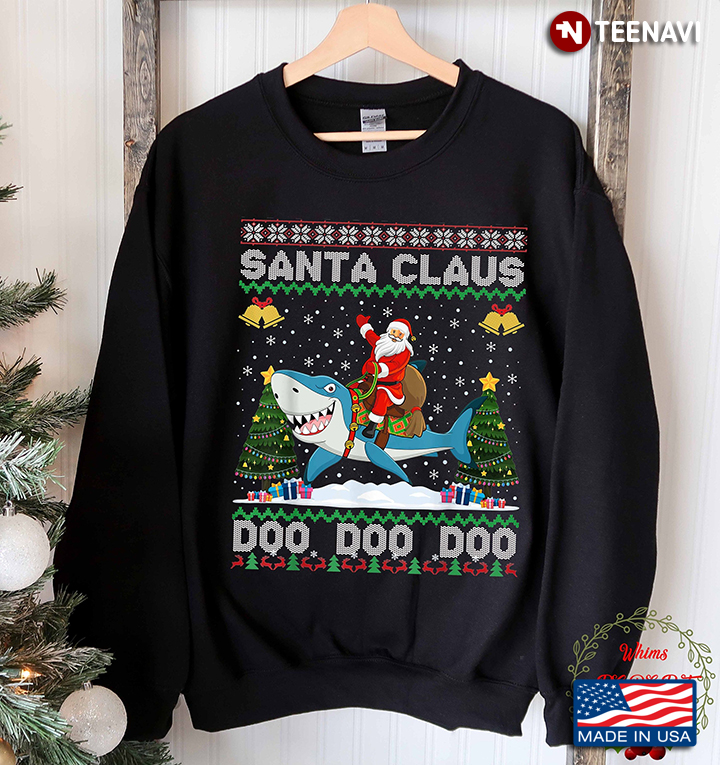 Funny Santa Claus Riding   Shark Do Do Do Christmas Tree Merry Christmas