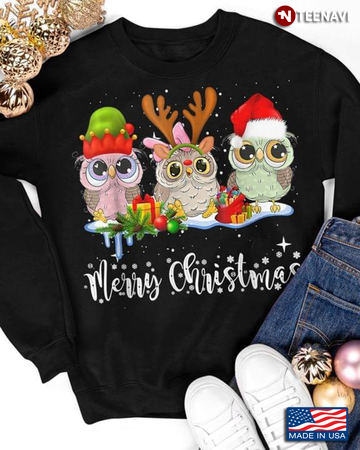Lovely Owls in Christmas Costumes Merry Christmas