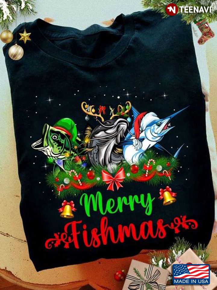 Funny Fishes in Christmas Costumes Merry Fishmas