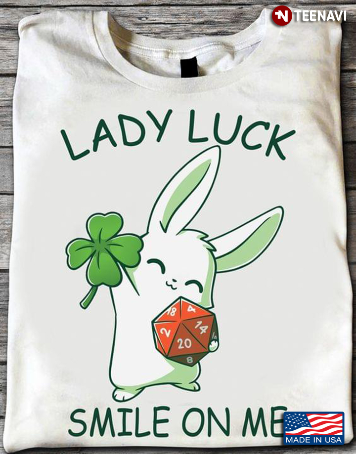 Cute White Rabbit with Shamrock and Dice Lady Luck Smile on Me
