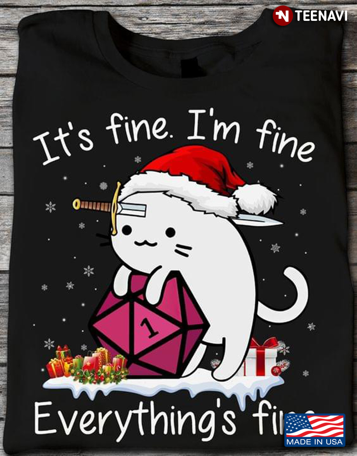 Christmas White Cat with Sword and Dice It's Fine I'm Fine Everything's Fine