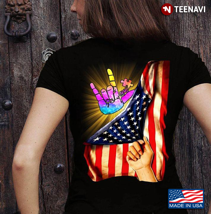 Autistic Rock 'n' Roll Hand with Love American Flag Autism Awareness