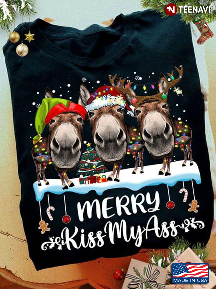 Funny Horses in Christmas Costumes Merry Kiss My Ass