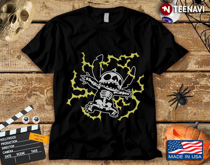 Disney Funny Stitch Skeleton Electric Shock Halloween T-Shirt