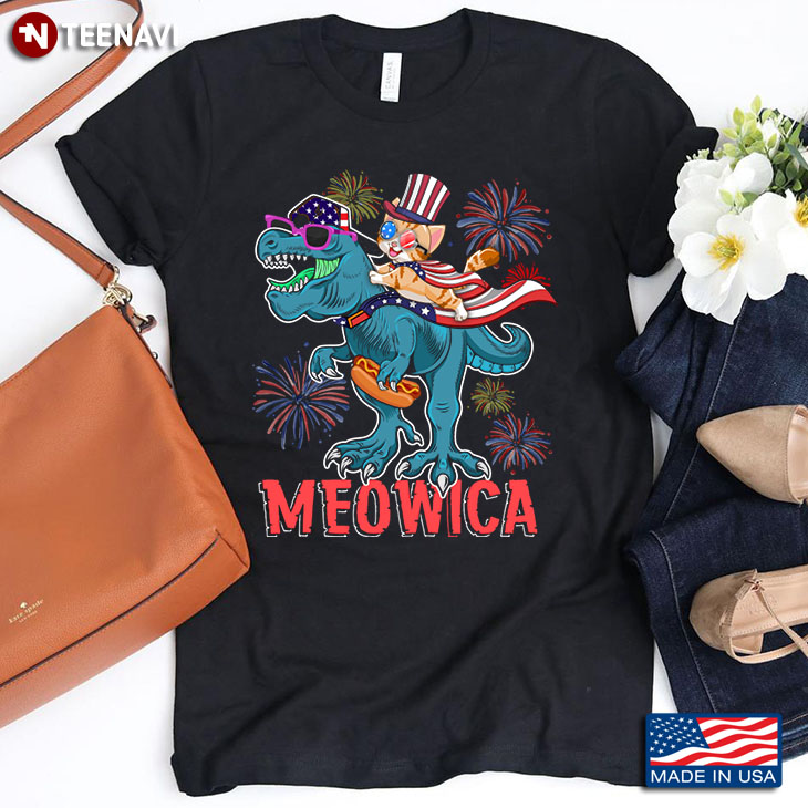 Meowica Funny T-Rex and Cat Celebrating 4th of July