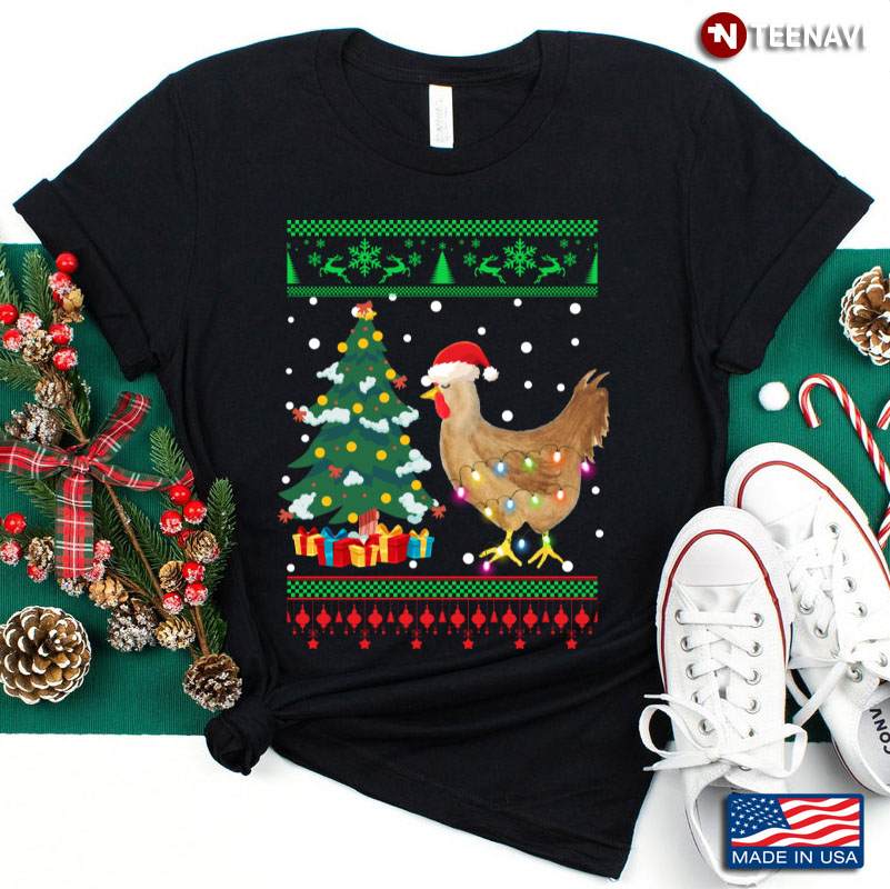 Lovely Hen in Santa Hat By Christmas Tree