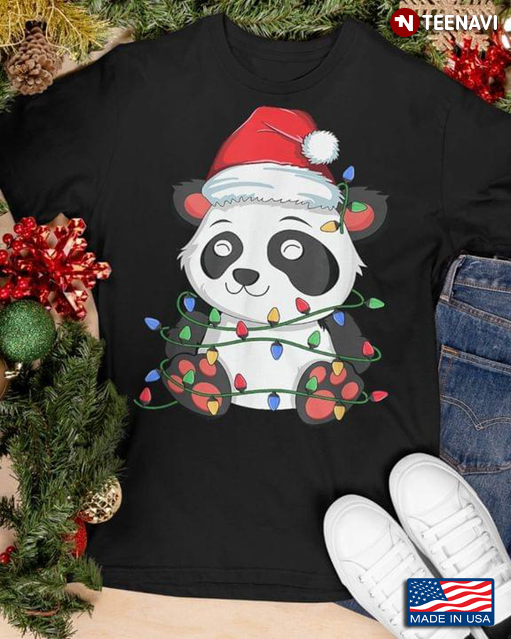 Panda With Santa Hat And Fairy Lights for Christmas