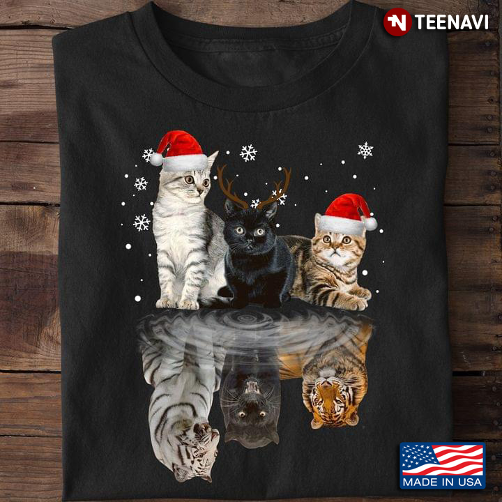 Cats With Santa Hats And Tigers Water Mirror Reflection for Christmas