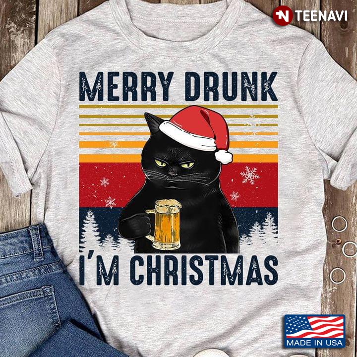 Vintage Merry Drunk I'm Christmas Black Cat With Santa Hat And Beer